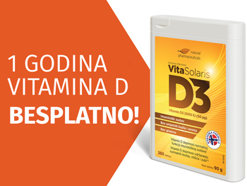 Natural Pharmaceuticals VitaSolaris® D3 Pakiranje dodatka prehrani VitaSolaris® D3 uz istaknuti natpis: „BESPLATNA godišnja zaliha vitamina D”.