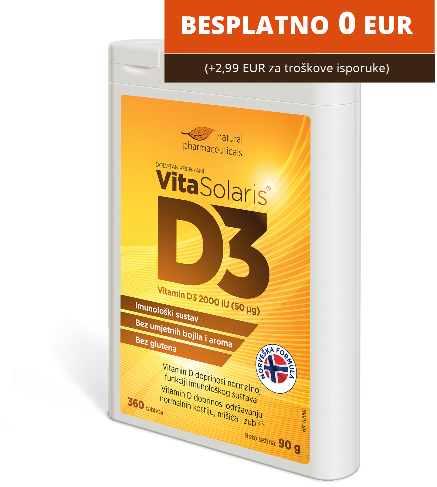 Natural Pharmaceuticals VitaSolaris® D3 dodatak prehrani VitaSolaris® D3 D3 (2000 IU, 50 µg), pakiranje koje sadrži 360 tableta vitamina D3. 
          Na vrhu grafike je banner s natpisom BESPLATNO 0 EUR i dodatkom (+ 2,99 EUR troškovi dostave)