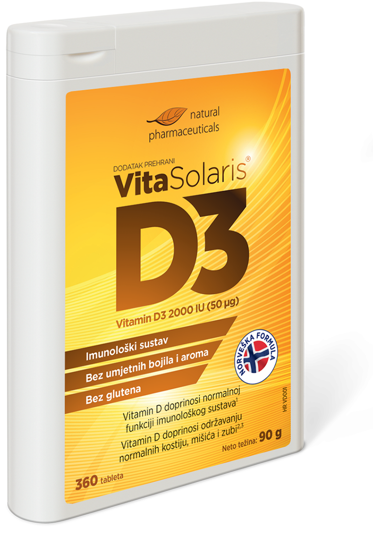 Natural Pharmaceuticals VitaSolaris® D3 Natural Pharmaceuticals toidulisandi VitaSolaris® D3  pakend. Sisaldab 360 D3-vitamiini tabletti (2000 IU / 50 µg). Pakendil on rõhutatud: ei sisalda värvaineid ega lõhnaaineid, toetab immuunsüsteemi, gluteenivaba toode.
